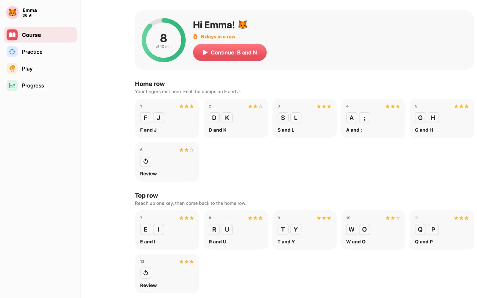 The course: lessons grouped by keyboard row, each with its keys and its stars.