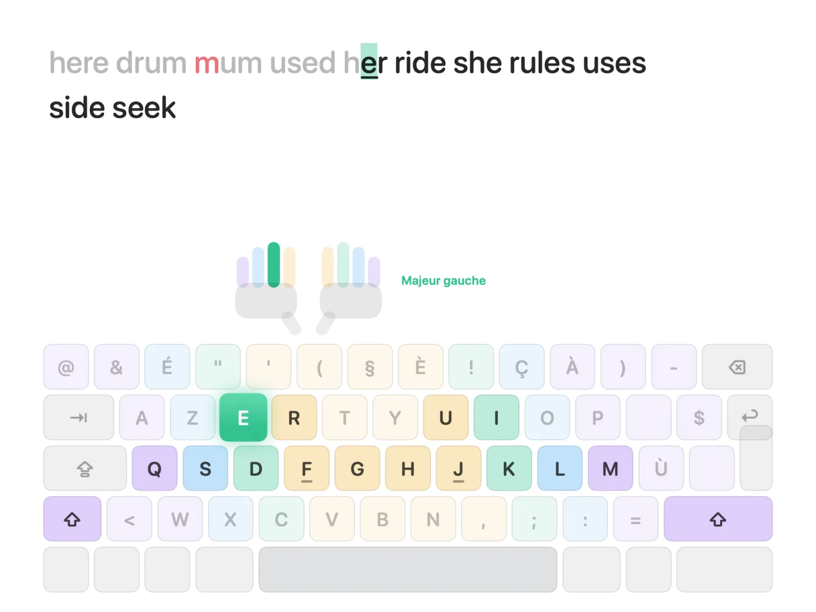 Une leçon dans Tifinger : la prochaine touche s’allume sur un clavier coloré, et deux petites mains montrent quel doigt utiliser.