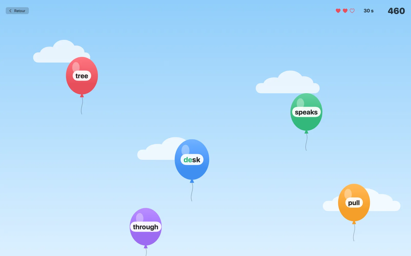 Le jeu de ballons : des mots montent sur des ballons colorés et éclatent quand on les tape.